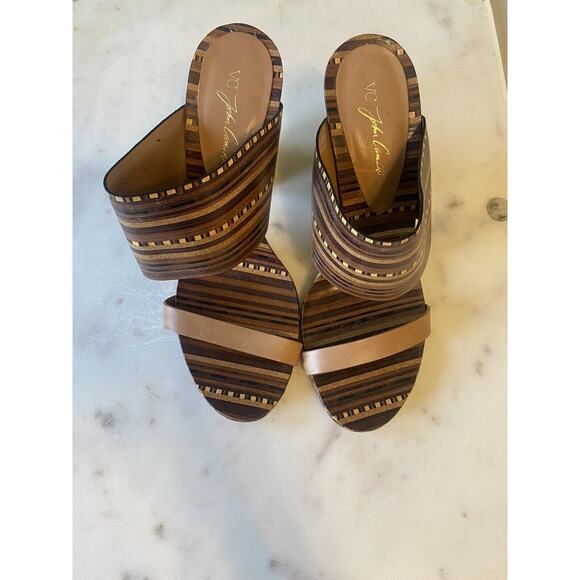 Vince Camuto Brown & Beige Becca Heel Slip On Leather Sandals Size 9 Wood tone - Picture 10 of 12